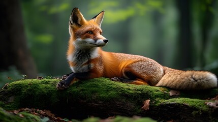 Red fox rests alertly on moss-covered log in enchanted woodland, vibrant fur contrasting with green surroundings. Dappled sunlight filters through trees, enhancing the dreamy wildlife composition.  