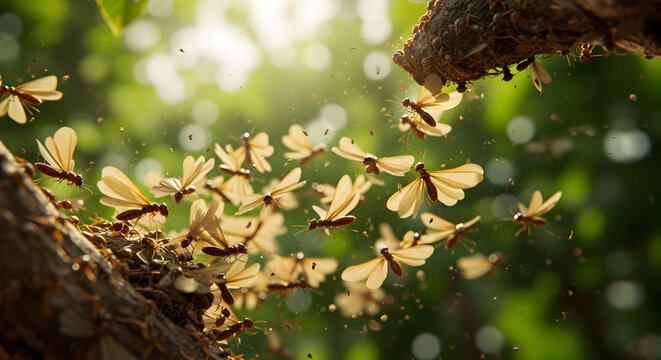 Ephemeral dance: A captivating termite nuptial flight on a bright spring day
