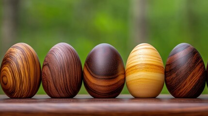 A collection of uniquely designed wooden eggs, each with a distinct wood grain pattern, arranged on a wooden surface.