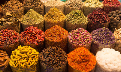 Colorful spices on the Arab souq spice market in medina
