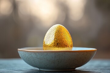 A close-up shot of a gilded Easter egg on a plate. Generative AI
