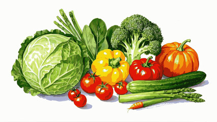 Some fresh vegetables include cabbage, pumpkin, bell pepper, broccoli, tomatoes, cucumbers, carrots, asparagus and cherry tomatoes. isolated watercolor vector illustration svg