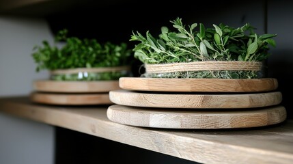 A wooden shelf with three stacked wooden plates holding small plants.