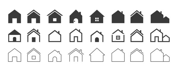 Web home icon set for websites and apps. Simple house symbol. Flat real estate sign. Main page pictogram in filled, thin line, outline and stroke style