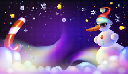 Fototapeta premium Cool Snowman with Candy Cane, Stars, and Snowflakes in a Winter Night Scene in a Pixelated Winter Wonderland. Merry Christmas and Happy New Year card with space for your congratulations instyle Pixel 