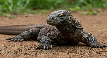 Fototapeta premium Komodo dragon observing insects on a sunny day, in natural habitat wildlife scene