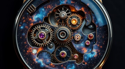 Intricate watch mechanism with gears and gemstones against a backdrop resembling a vibrant galaxy; a fusion of timekeeping and cosmic artistry.
