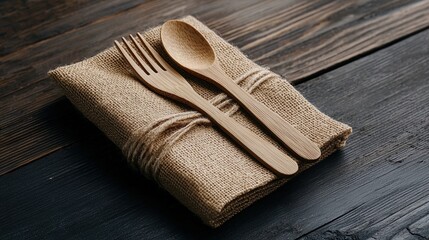 A set of wooden utensils on a burlap napkin.