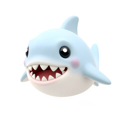 Fototapeta premium Megalodon – 3D baby Megalodon, giant round body, tiny soft teeth, big adorable eyes, pastel blue and white tones, white background Generative AI