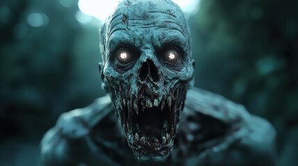 terrifying zombie with glowing eyes and decayed skin emerges from dark, eerie background, evoking sense of horror and dread. This creature embodies essence of nightmare