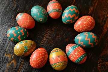 Fototapeta premium A photo of an Easter egg patterned in green, yellow, and orange on a wooden table. Generative AI 