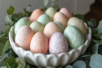A close-up shot of an Easter egg with a pastel-colored background finish and patterns and drawings. Generative AI

