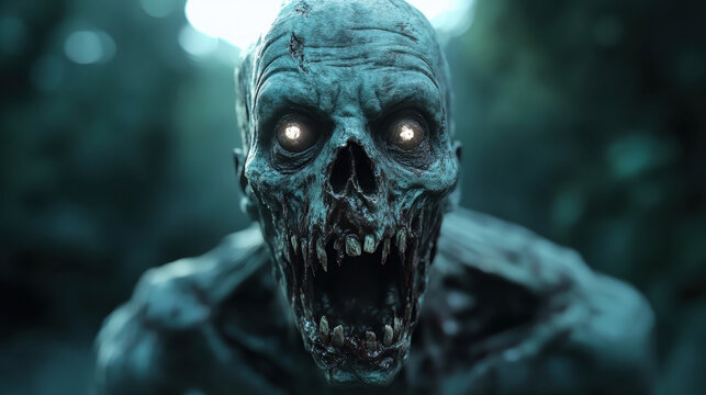 terrifying zombie with glowing eyes and decayed skin emerges from dark, eerie background, evoking sense of horror and dread. This creature embodies essence of nightmare