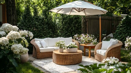Fototapeta premium Sunlit patio features white umbrella shading wicker furniture with cushions, surrounded by lush garden flowers. Wooden coffee table completes this tranquil outdoor living space.