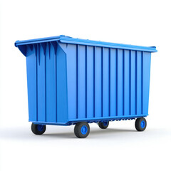 large blue dumpster wheels, designed for waste disposal, featuring sturdy structure and vibrant color. This container is ideal for commercial or residential use, promoting efficient waste