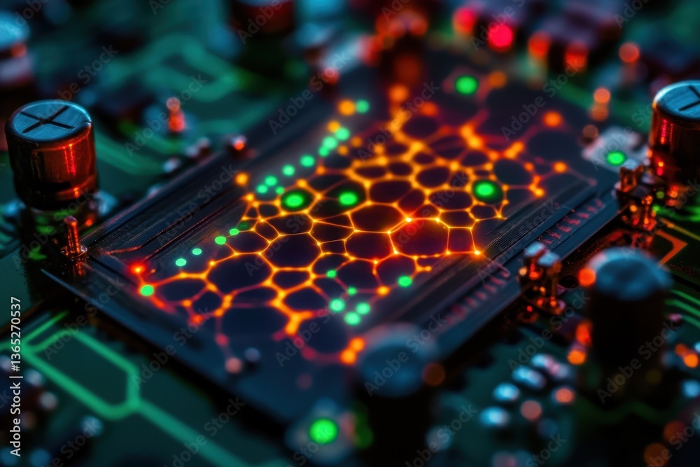 Poster intricate patterns glow on a circuit board showcasing advanced technology in a dark setting