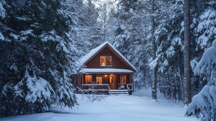 Cozy wooden cabin nestled in a snowy forest at dusk.  Warm light shines from the windows.