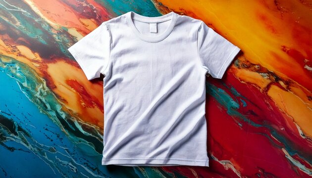 modelo camiseta branca sobre textura de m&aacute;rmore colorido