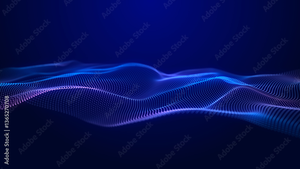 Poster digital background with musical glowing particles. big data visualization. 3d rendering.
