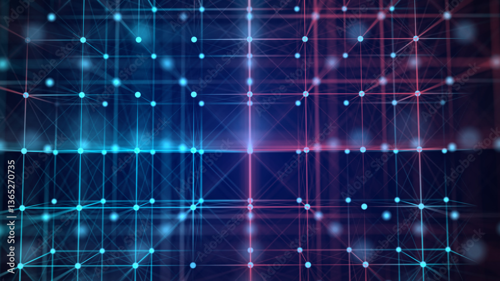 Poster Information storage cells. Abstract background with dots and lines. Network connection structure. Big data digital background. 3D rendering.