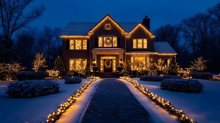 Festive suburban home glows with thousands of warm white Christmas lights illuminating two-story facade. Porch, pathway, and trees sparkle against dark blue night sky, magical holiday ambiance.  
