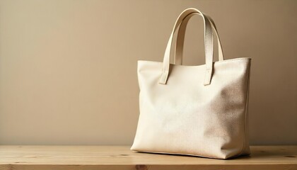 A light beige canvas tote bag is presented against a muted gray background, resting on a wooden surfac