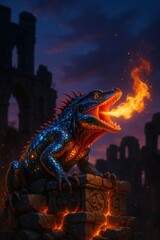 Fototapeta premium Fire breathing lizard roaring atop ancient ruins with flames lighting dusk sky
