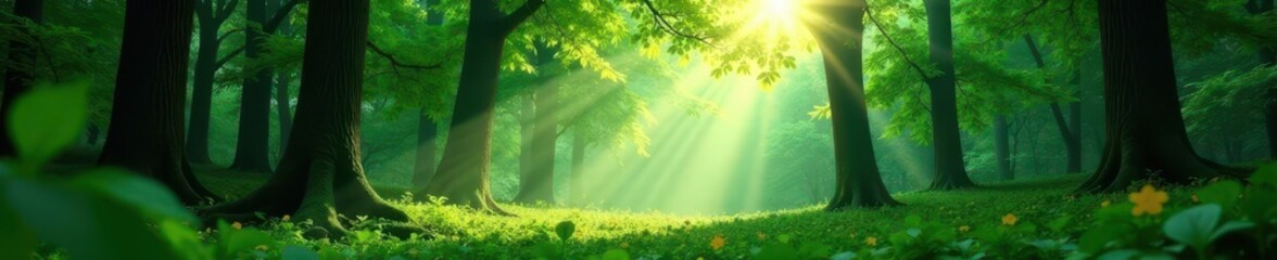 Fototapeta premium Deep green forest, early morning light filters through dense foliage, woods, scenic, emerald