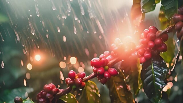chuva caindo sobre gr&atilde;os da planta do caf&eacute;
