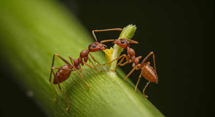 Macro image featuring weaver ants interacting on vibrant green foliage