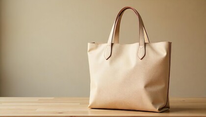 A light beige canvas tote bag is presented against a muted gray background, resting on a wooden surfac