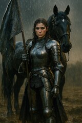 Female knight in medieval armor standing in rain beside war horse holding battle flag

