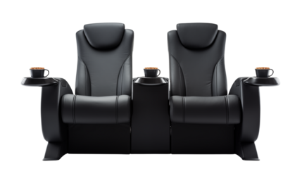 A pair of black leather theater chairs with snack holders
