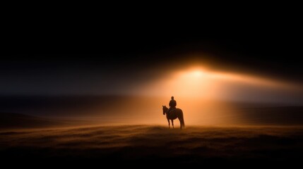 Fototapeta premium Silhouette of a lone rider on a horse at dawn. A solitary figure on horseback, bathed in the golden light of sunrise, traverses a misty, desolate plain