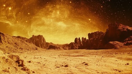 A barren landscape with vibrant orange hues and cosmic stars.