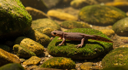 Fototapeta premium Salamander resting on a mossy rock in a shallow stream habitat environment