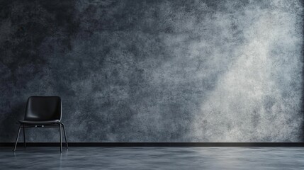 A minimalist room with a black chair against a textured wall.