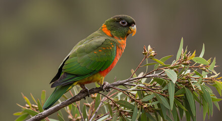 Fototapeta premium Orange-bellied Parrot Resting on a Branch, Tasmania's Endangered Beauty