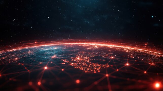 Digital globe with glowing red continents at the bottom of the image futuristic technology digital.