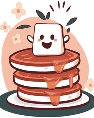 Happy Marshmallow on Buttery Pancakes with Syrup