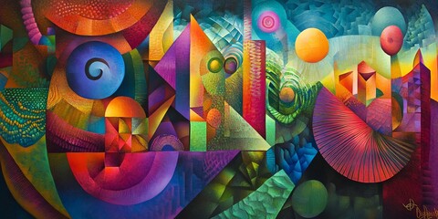 Fototapeta premium Vibrant abstract painting. Geometric shapes, swirling colors, and cosmic elements create a surreal dreamscape. Bold hues and textures.