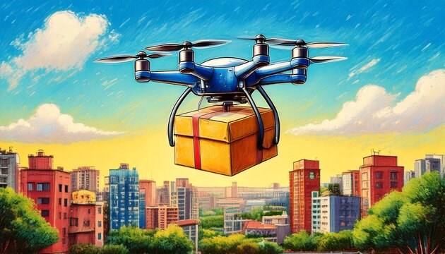 drone carregando pacote pelo c&eacute;u da cidade
