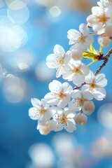 Delicate white cherry blossoms bloom against a soft blue sky in spring
