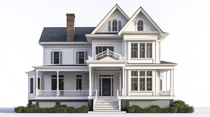 Classic house with white exterior and porch on white background