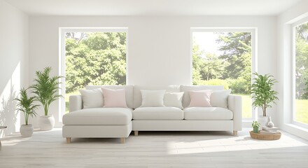 Chic modern living room interior with natural light and serene garden view