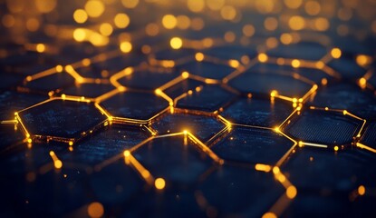 Abstract hexagonal network with golden light