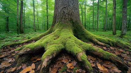 Fototapeta premium Exploring roots of ancient trees in lush forest nature photography tranquil environment