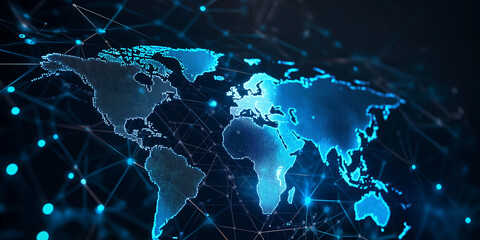 Digital world map with global network connections and data transfer in a blue theme on a dark background
