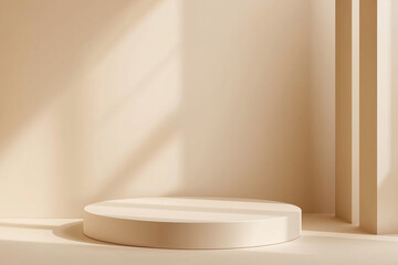 Fototapeta premium A brown background with studio wall shadows on a podium for product display. An empty kitchen interior with light on the 3D beige floor, and a blurred sunlight gradient on a cream-colored backdrop.