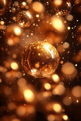 Sparkling golden spheres floating amongst shimmering and bright particles